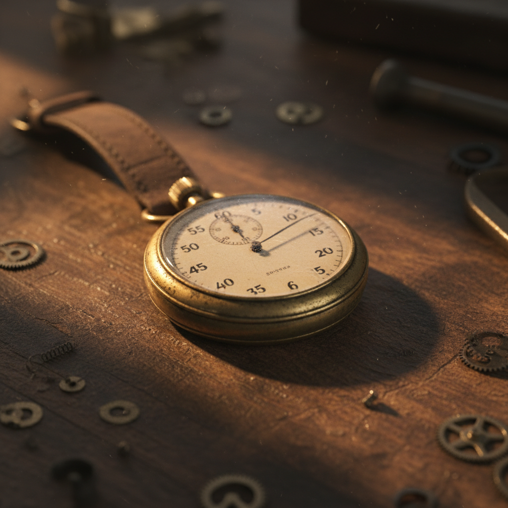 Vintage stopwatch on wooden workbench, warm amber lighting