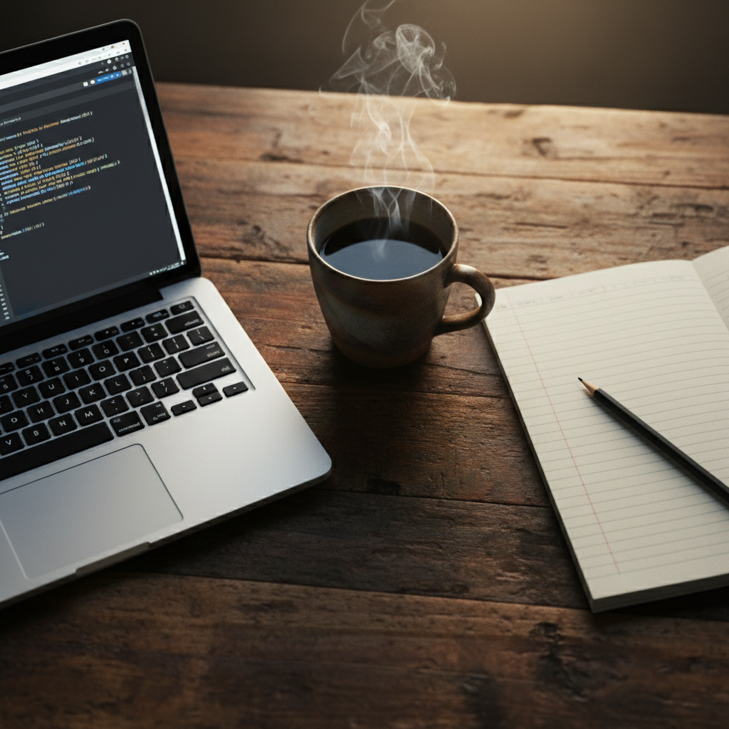Steaming coffee, wireframe notepad and laptop with code on a rustic wooden table