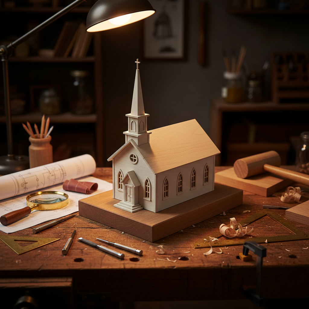 A nearly finished wooden miniature Baptist church on a solid foundation block, surrounded by chisels, blueprints, a magnifying glass, and a wooden mallet on a craftsman's workbench