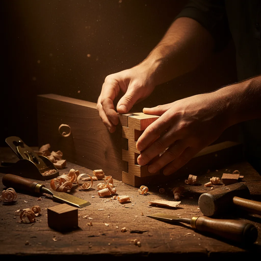 Craftsman's workbench with woodworking tools