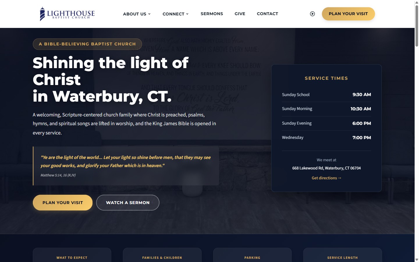 Lighthouse Baptist Church homepage with hero, service times, and scripture