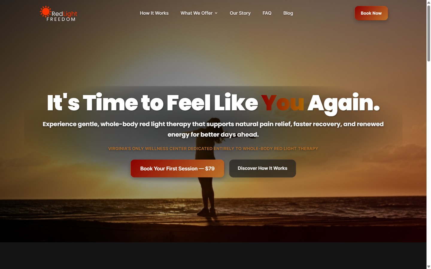 RedLight Freedom homepage — red light therapy with booking CTA